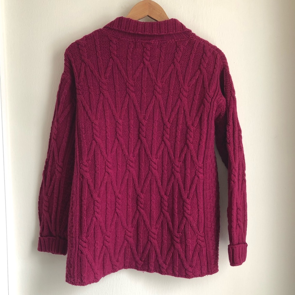 Aran Crafts Medium Vintage Cable Knit Fisherman Merino Wool Chunky Wine Cardigan - Picture 7 of 9